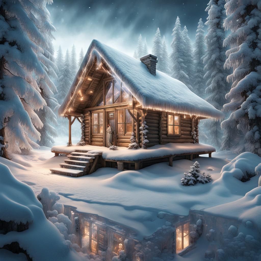 Crystal Cabin Hologram in Winter Snow, CGI Render
