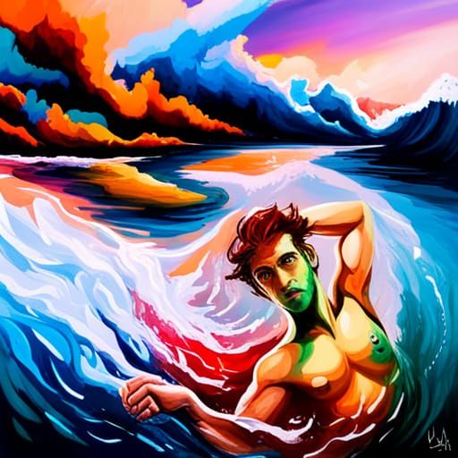 Shirtless Merman Emerges from Sea: Graffiti Art