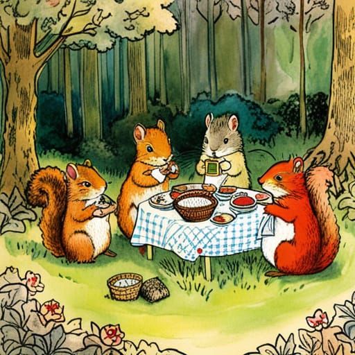 The squirrel family picnic in a forest by Per.