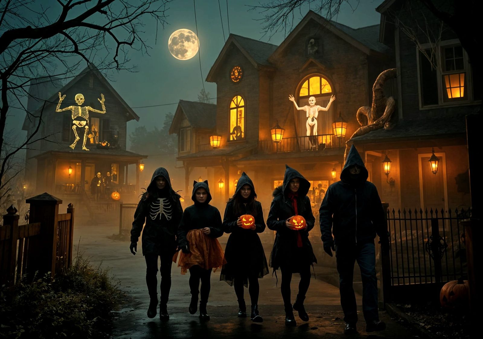 Spooky Halloween: Trick-or-Treaters on a Foggy Road