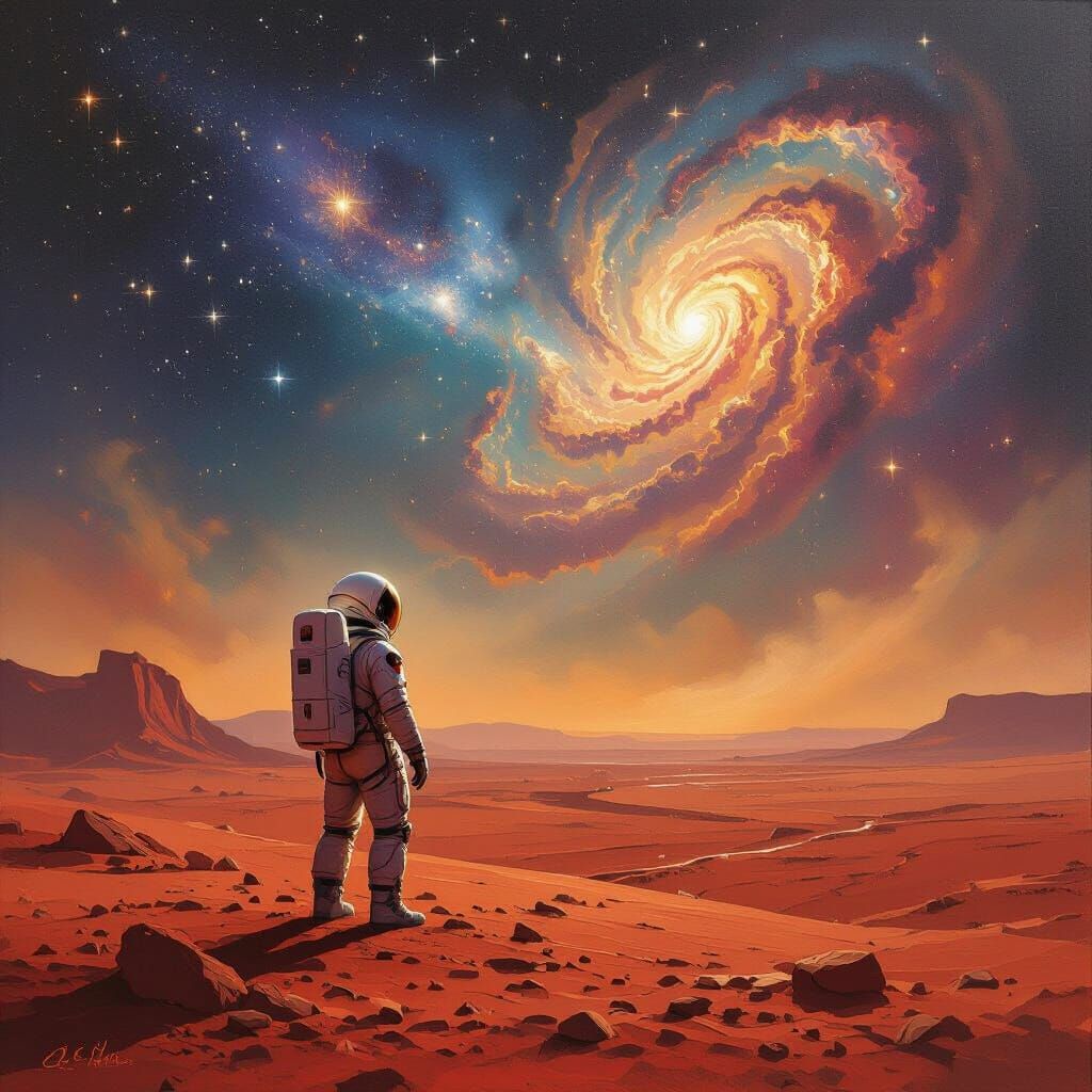 Astronaut on Mars Gazing at Nebula in Oil Painting Style