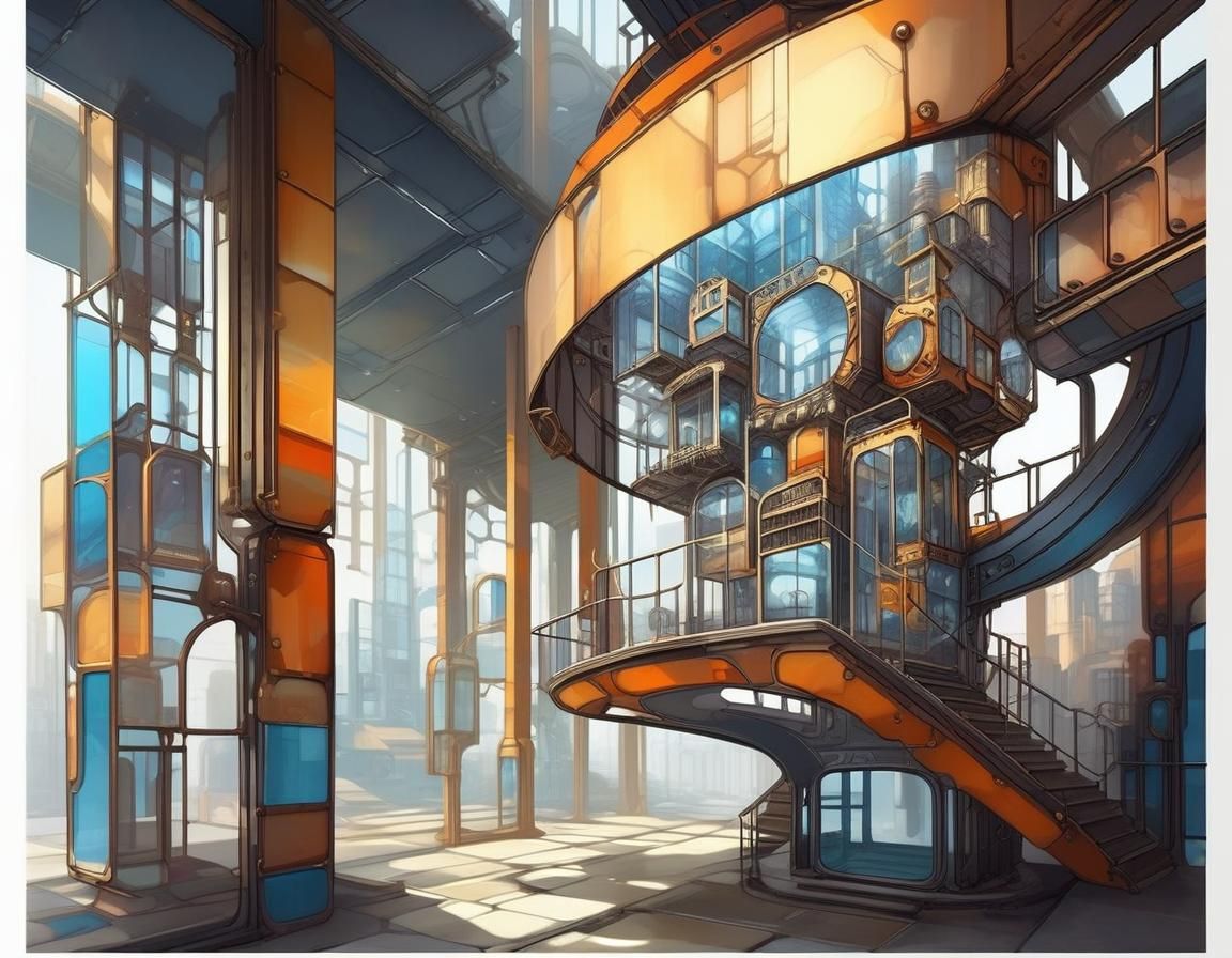 Futuristic Glass City in Steampunk Mondrian Style
