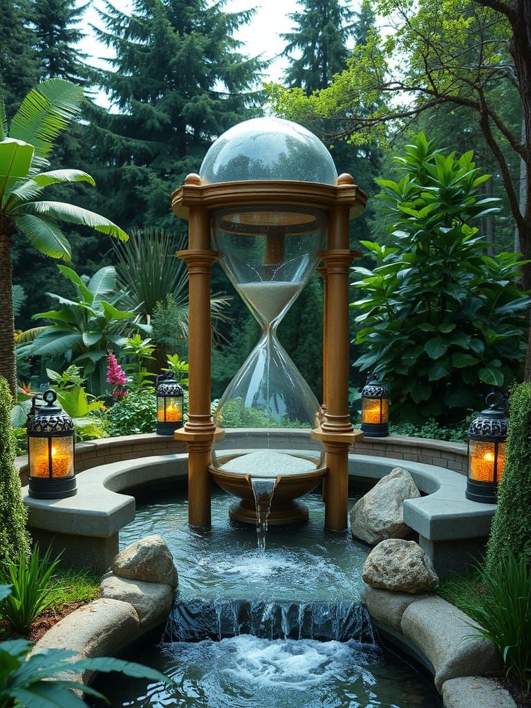 Elegant Hourglass Fountain with Lush Greenery