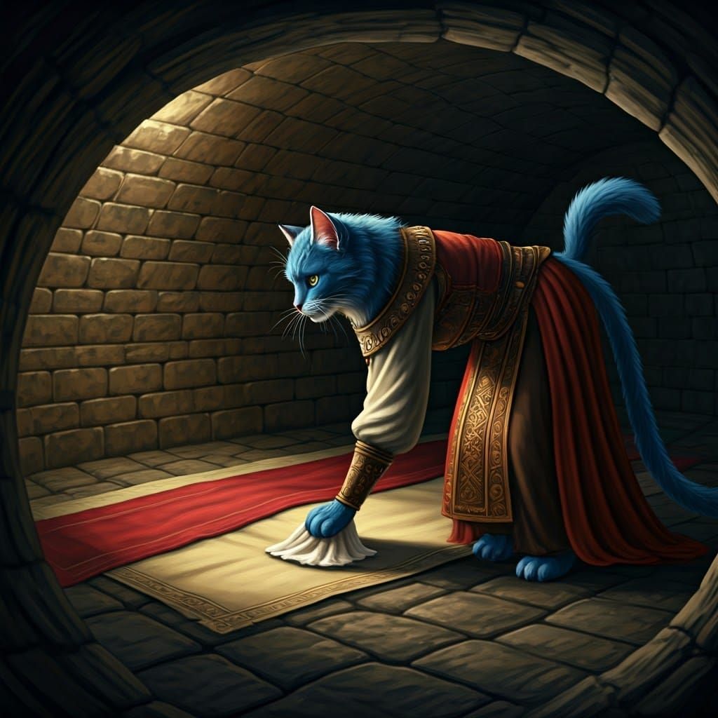 Blue Cat Prepares Bed in Catacomb
