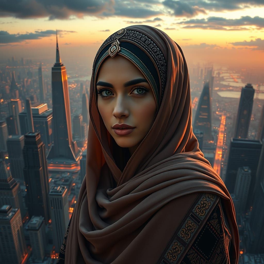 Regal Hijabi Goddess Amidst Golden Metropolis Skyscrapers