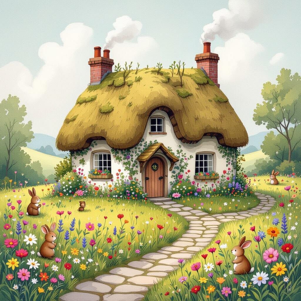 A quaint, moss-covered cottage.