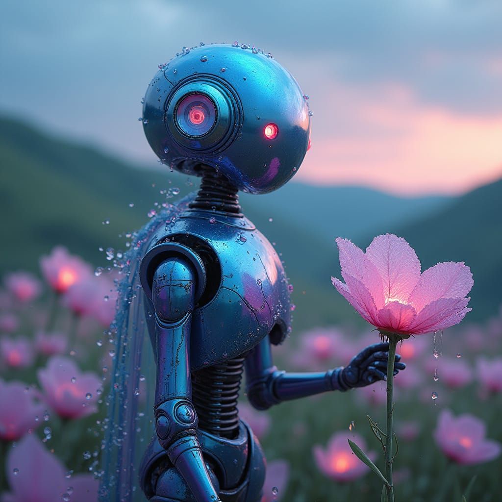Whimsical Robot Among Giant Crystalline Flowers
