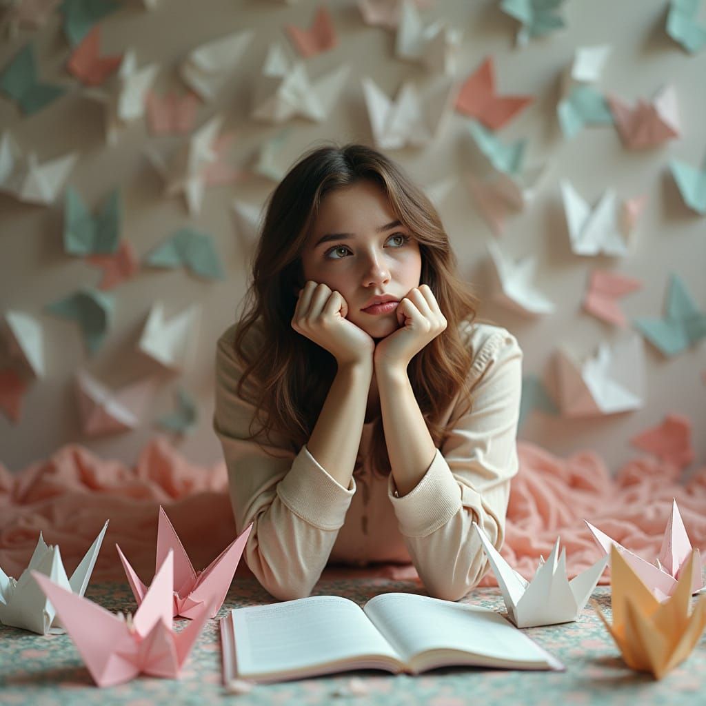 Contemplative Origami Dreamscape in Digital Art Style