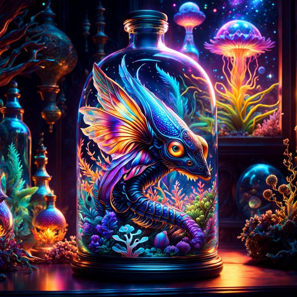Bioluminescent Astral Creatures in Bottle, Digital Painting