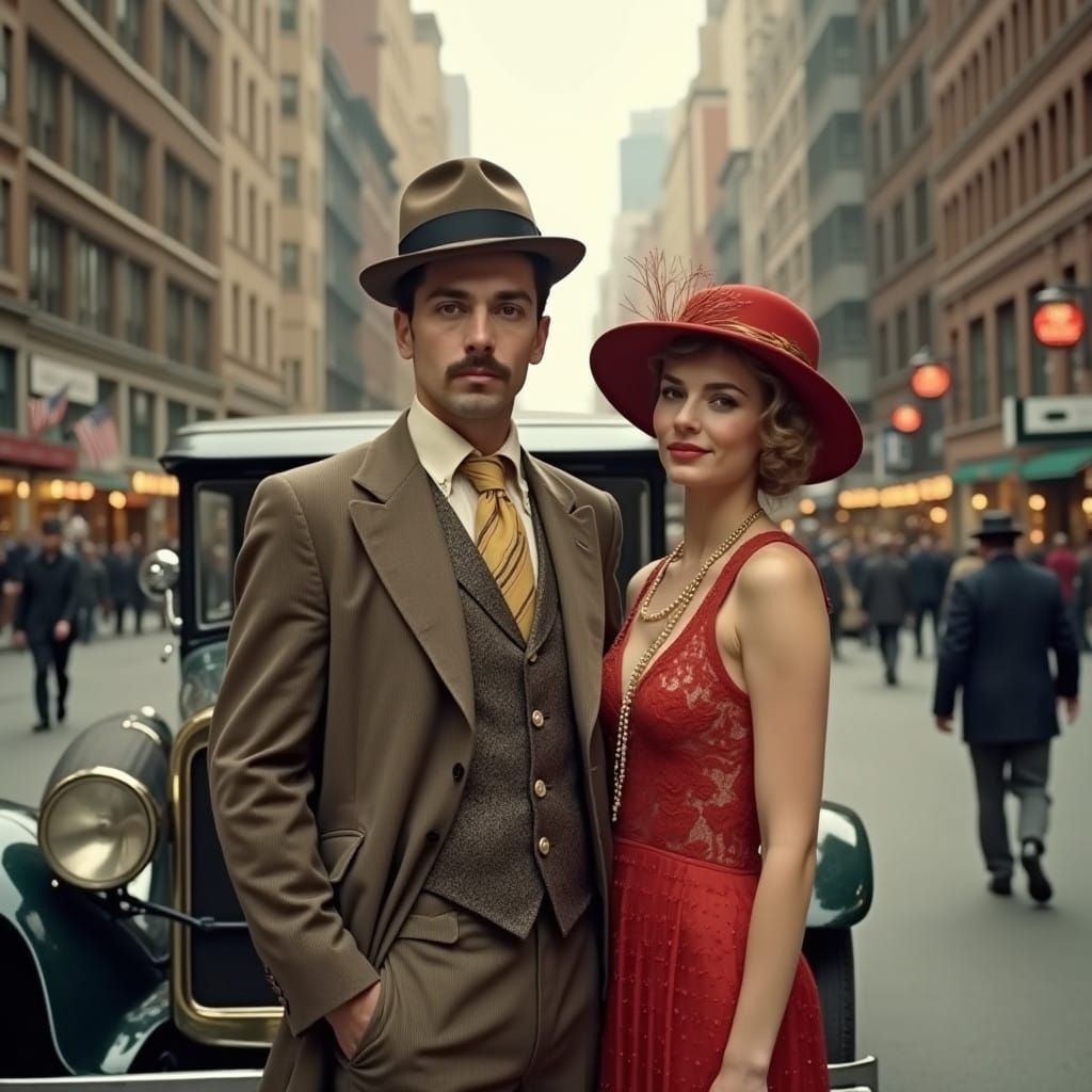 Vibrant 1920s Couple Pose in Front of Classic Car on New Yor...