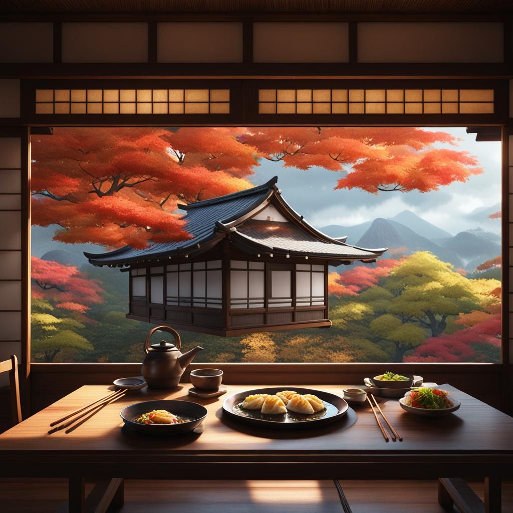 Gyoza and Autumn View in Japanese Home