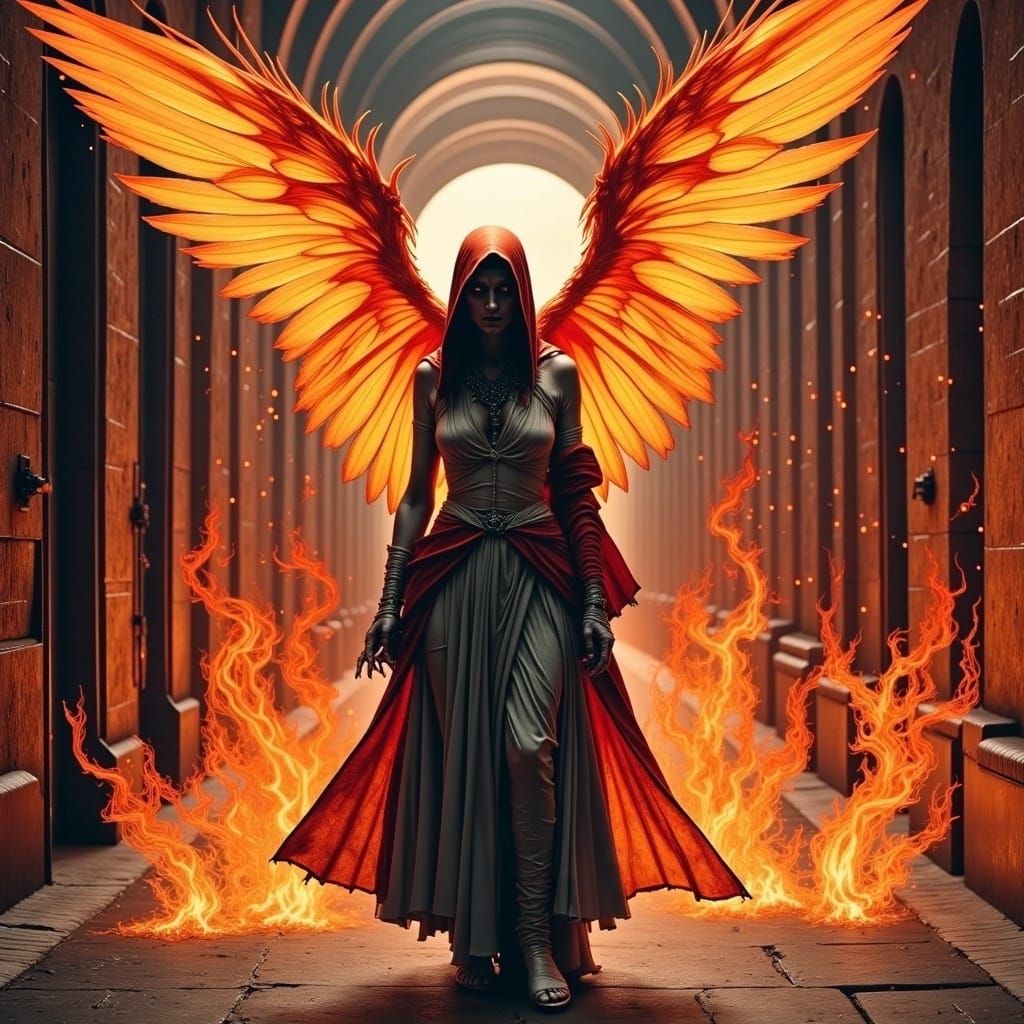 Fiery Phoenix Priestess Leaping from Shadowy Passage