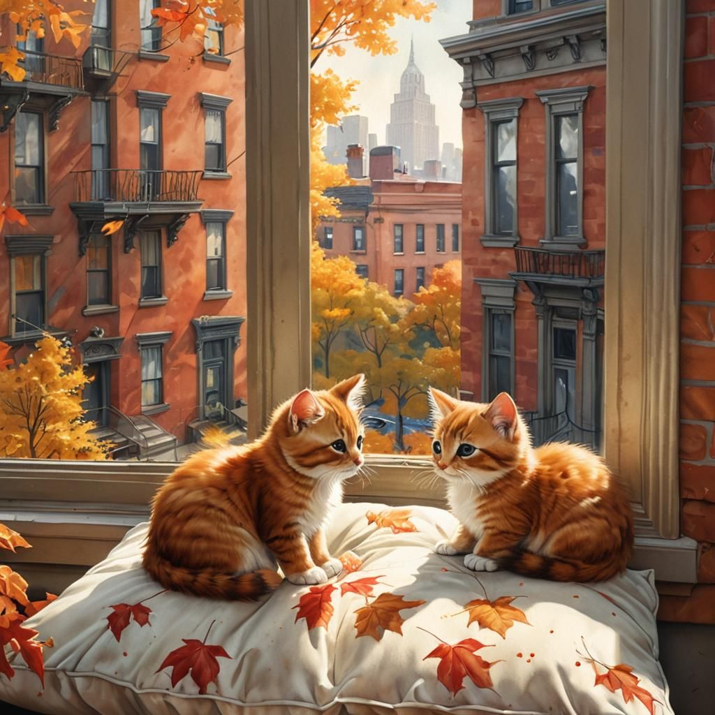 Chibi Kittens Gaze at Autumn from Brownstone Window
