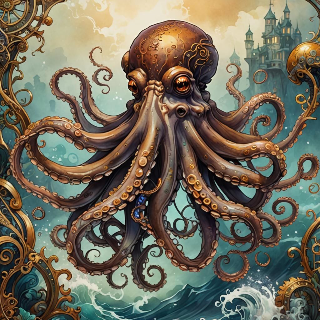 Art Nouveau Octopus in Steampunk Seascape