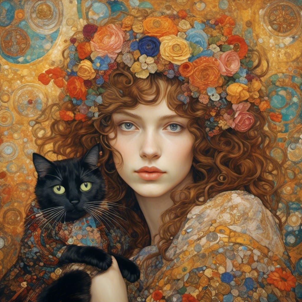 Young Woman with Cat in Klimt Style