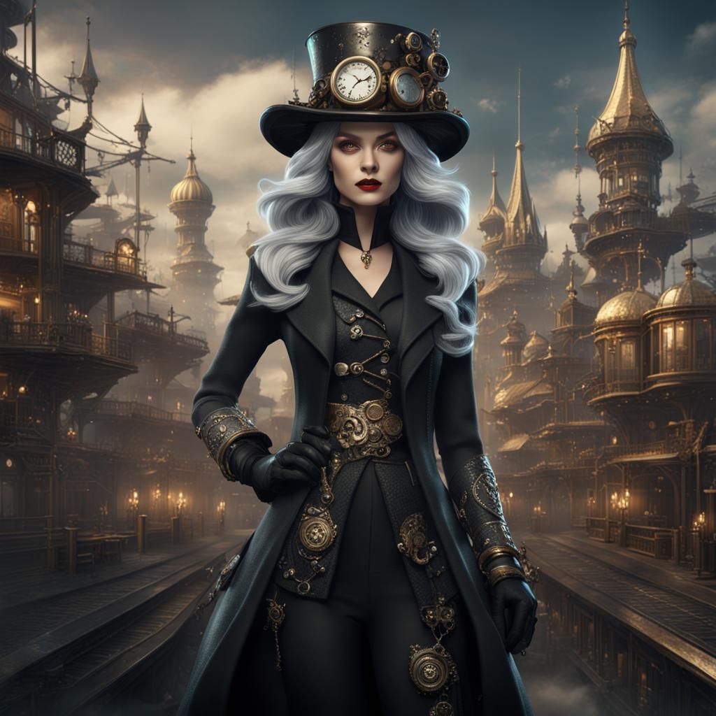 Steampunk Kitsune Woman in Silver and Black