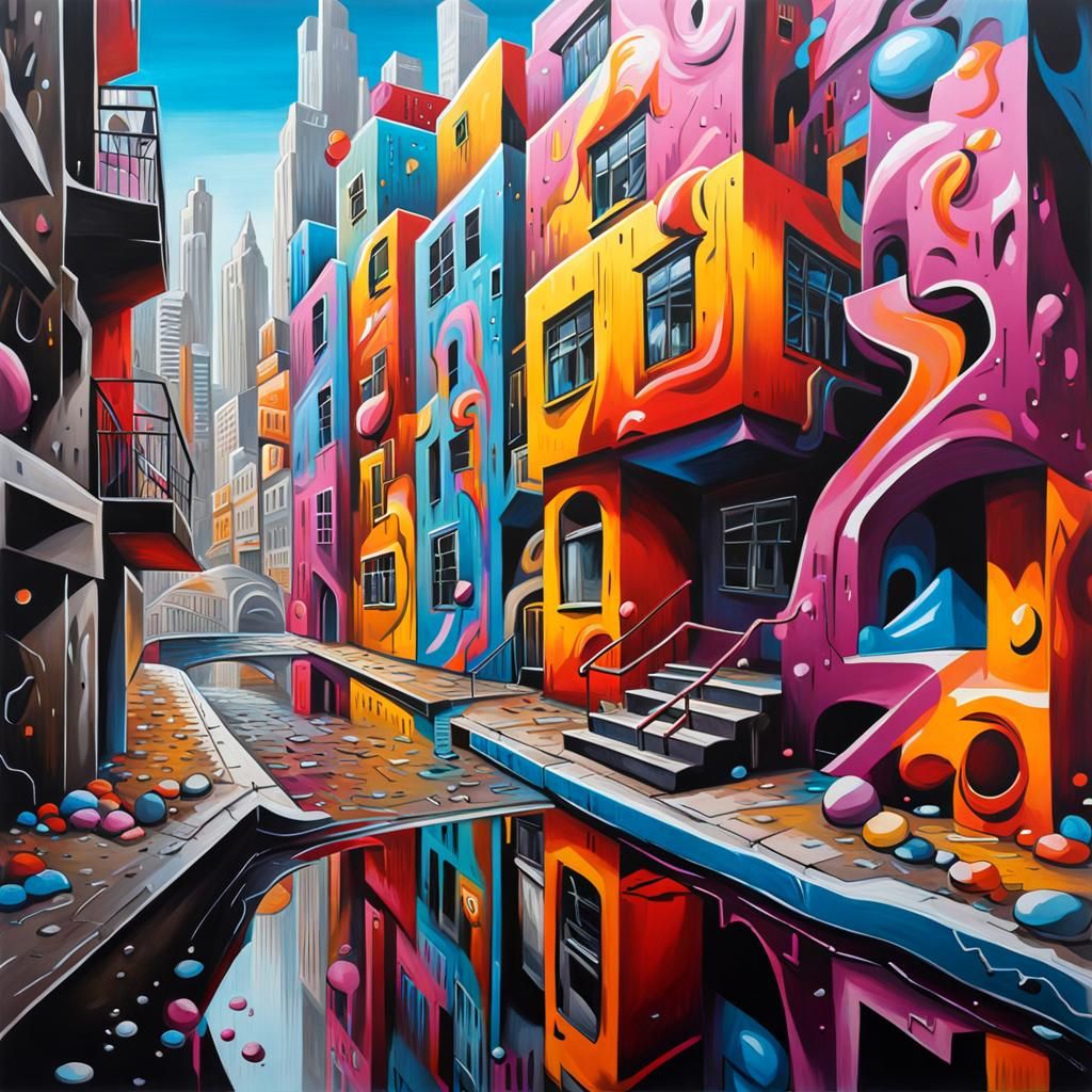 Colorful 3D Graffiti Cityscape: Maximalist Street Art