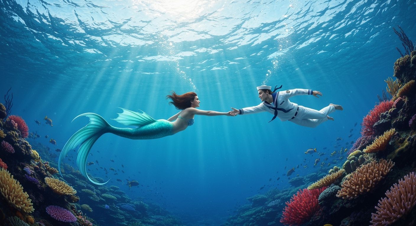 Underwater Mermaid and Sailor Reach for Each Other