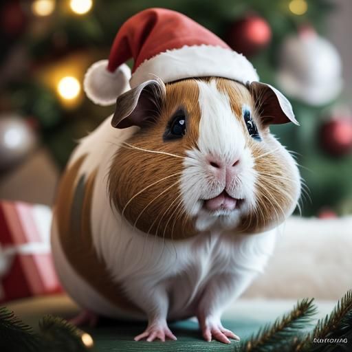 Cute Guinea Pig Portrait Near Christmas Tree