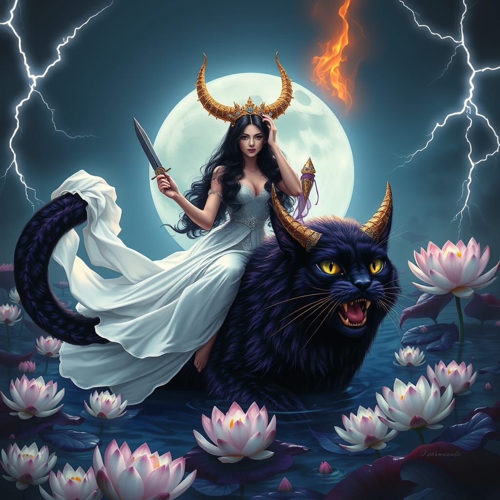 Woman Riding Cat with Burning Crown in Dark Fantasy Style