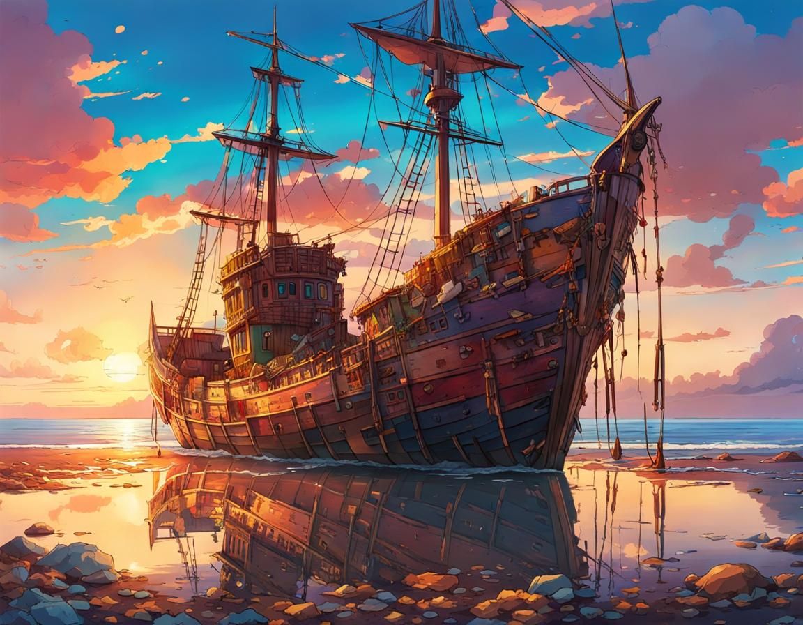 Treasure Shipwreck in Anime Style Bay