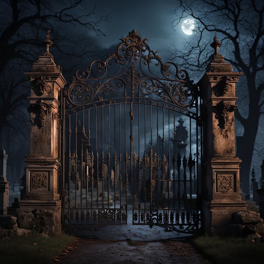 Spooky Cemetery Gate at Night with Zombies