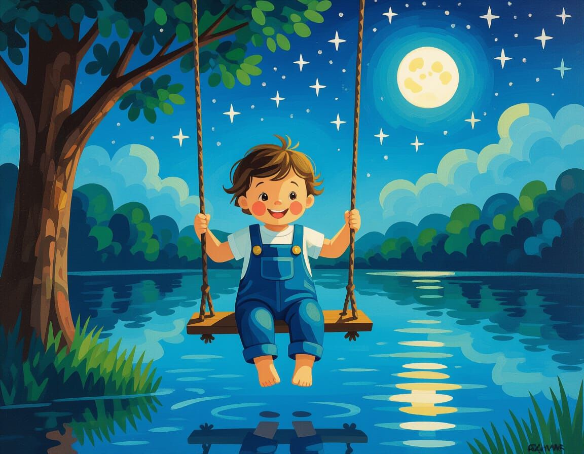 Toddler on Tree Swing Under Starry Night Sky
