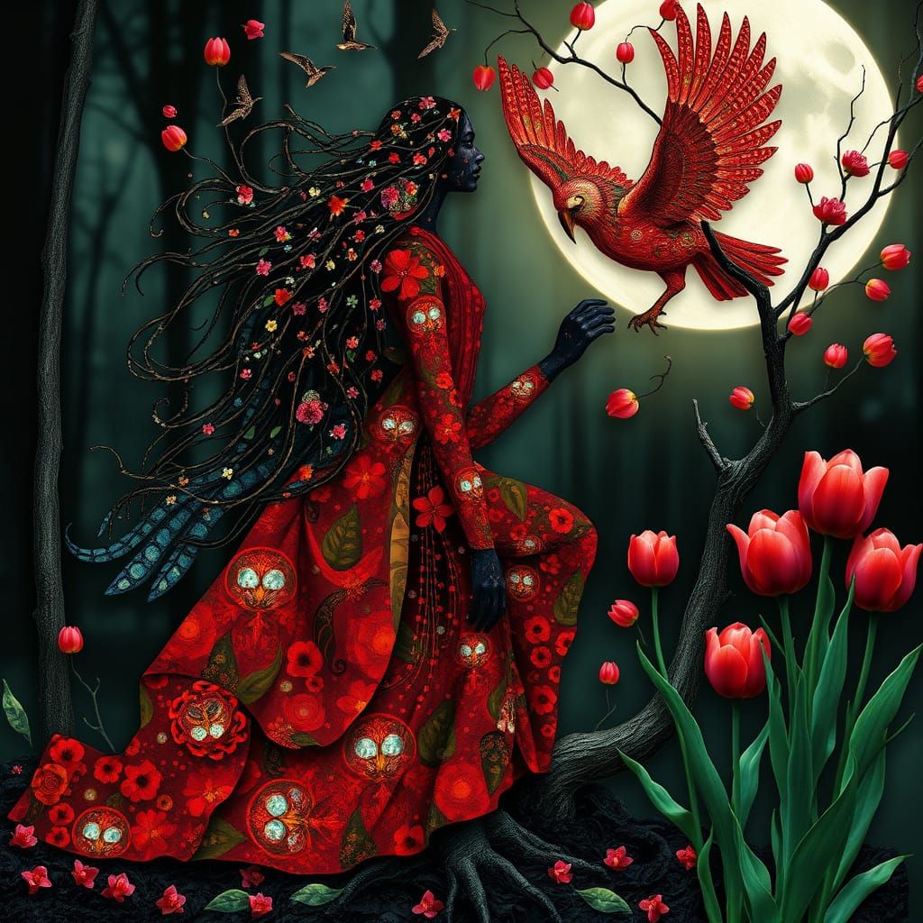 Ethereal Woman Blossoming from Forest: Klimt-Inspired Art