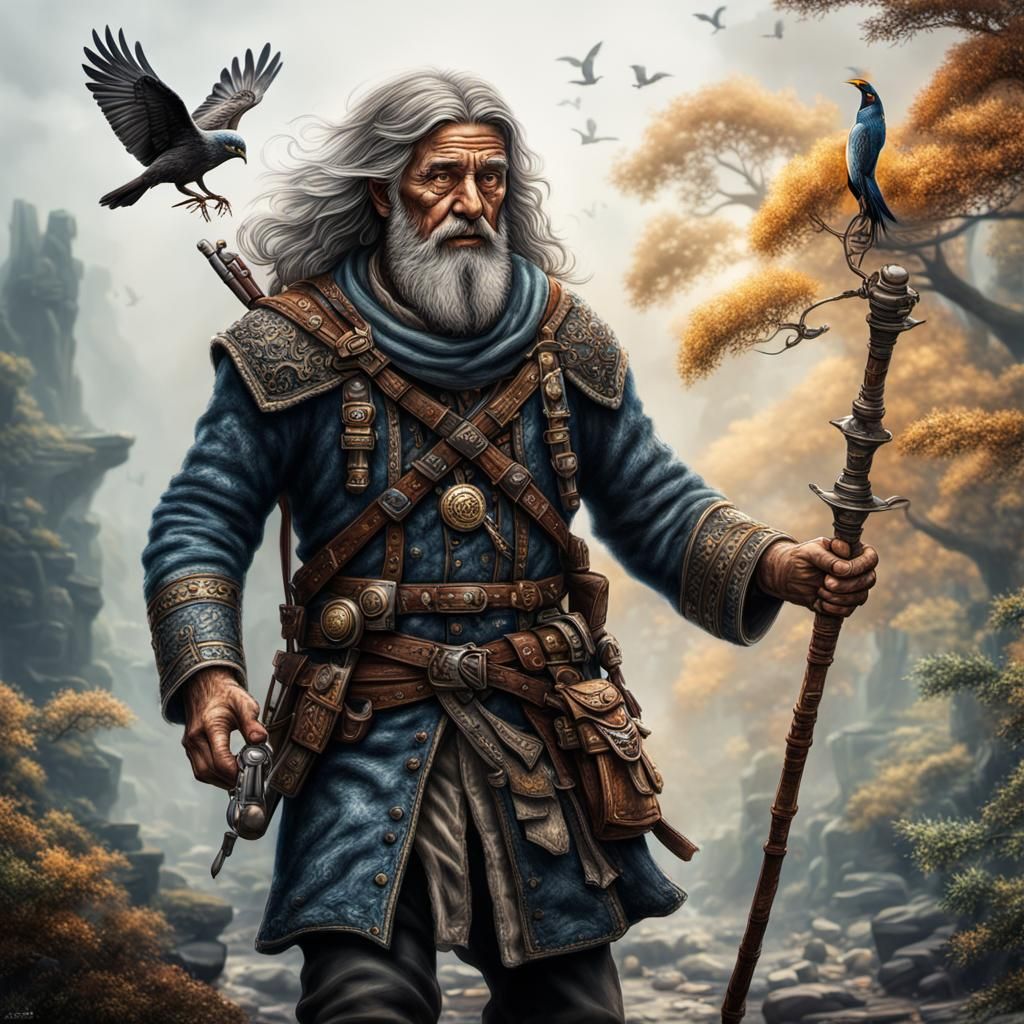 Wise Wanderer in Hyperrealistic Style