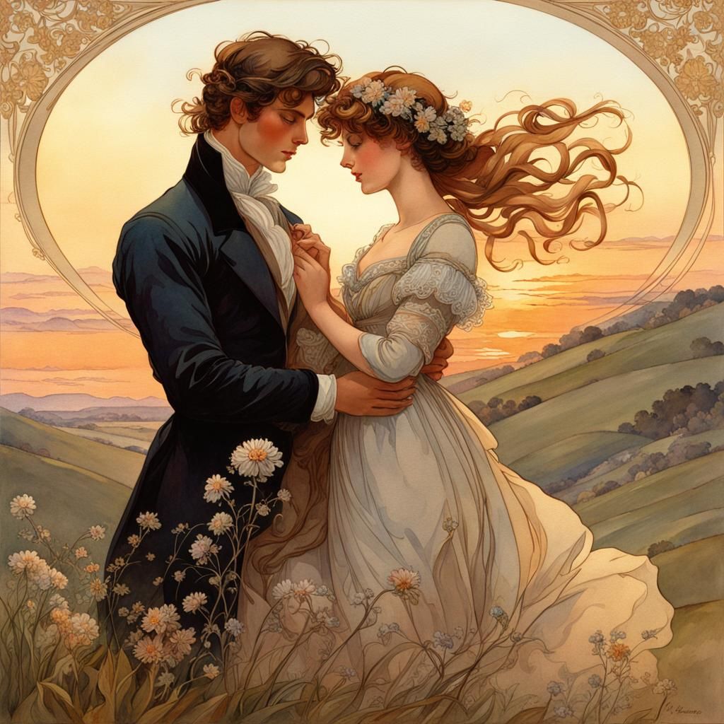 Romantic Couple on Windswept Hillside, Art Nouveau Watercolo...