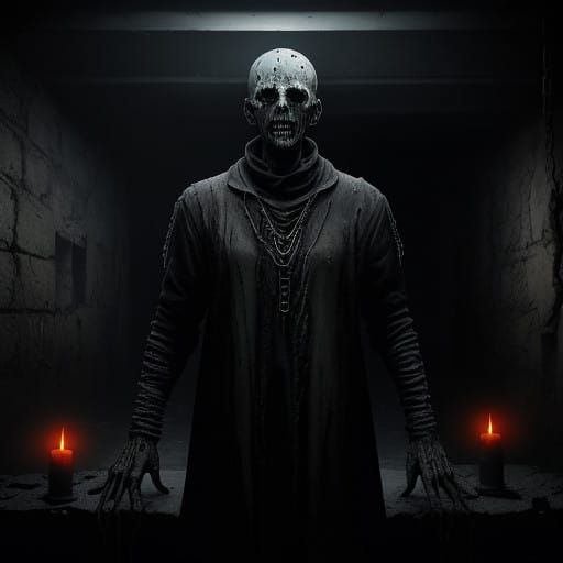 Gothic Horror Figure in Damp Basement Lair