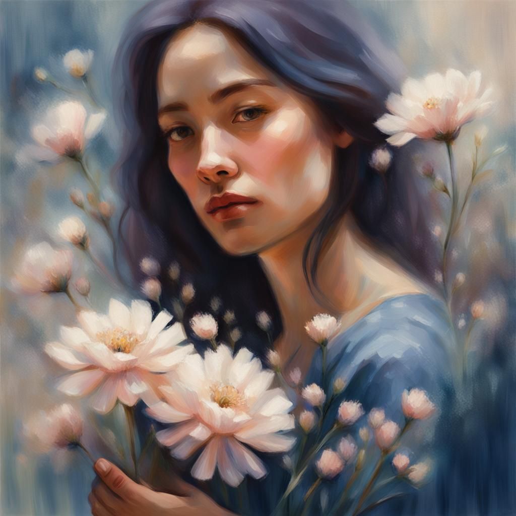 Woman Holding Flowers in Impressionistic Portrait