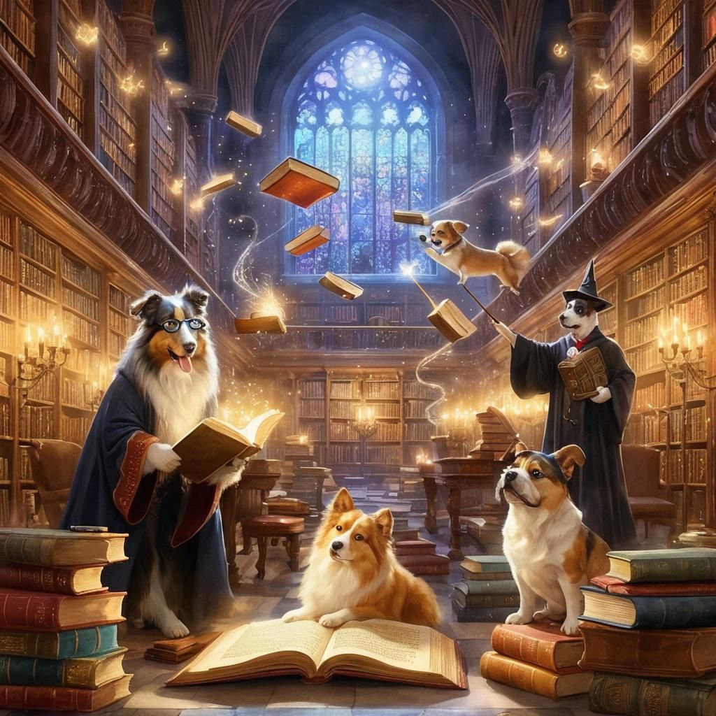 Dogs in a Magical Library,