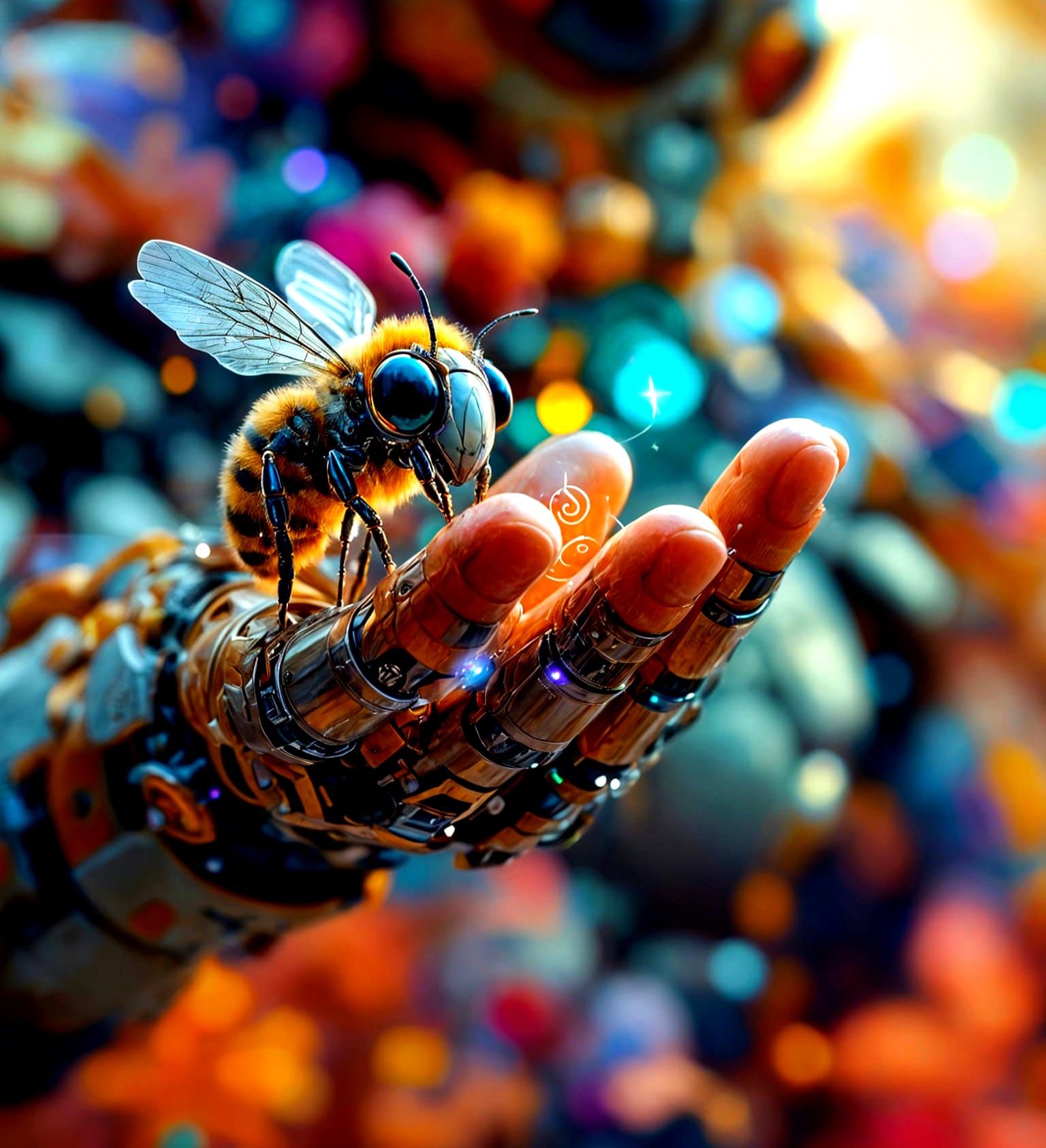 Robot Holds Metallic Bee, Hyperrealistic Splash Art
