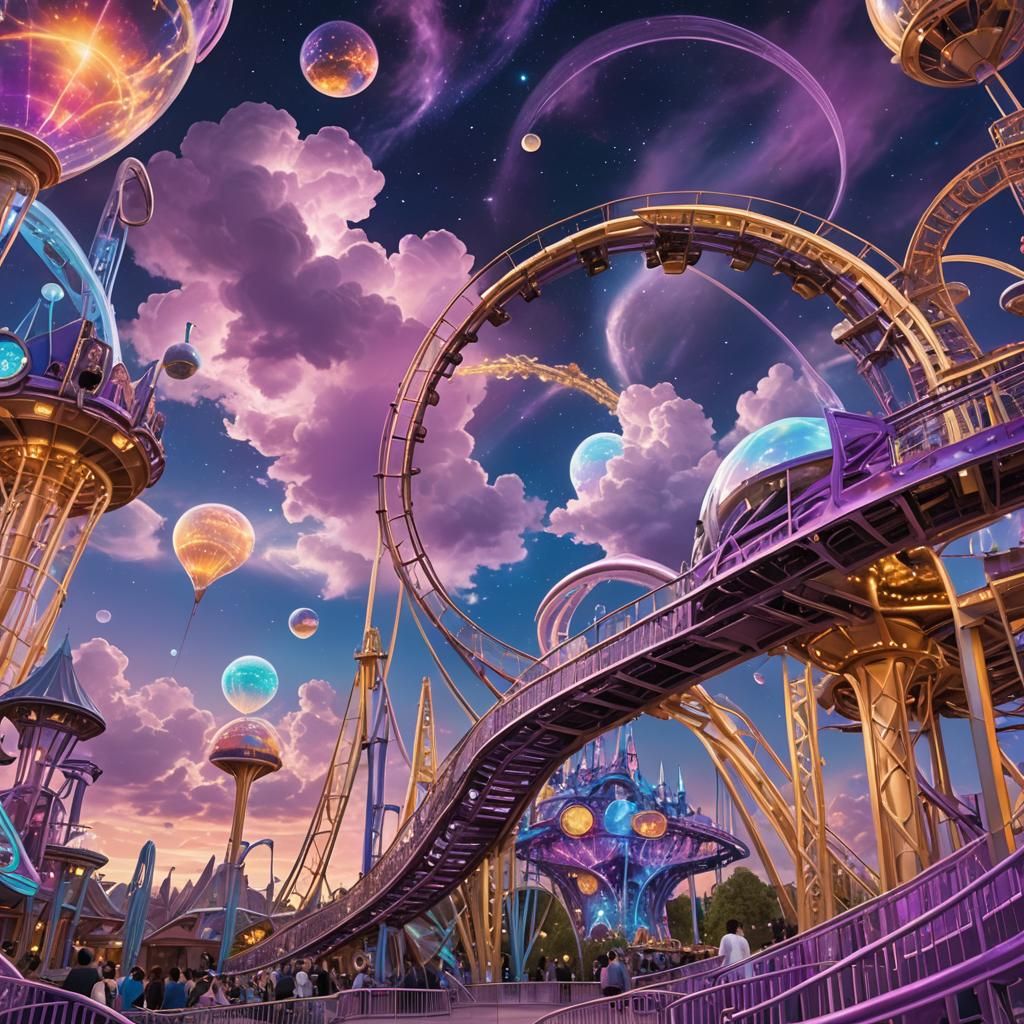 Iridescent Roller Coaster in Futuristic Cloudscape