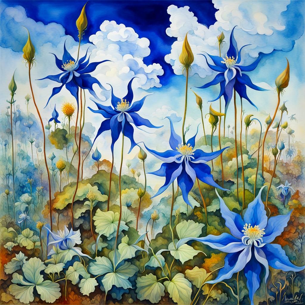 Blue Columbine Flowers in Surrealist Style
