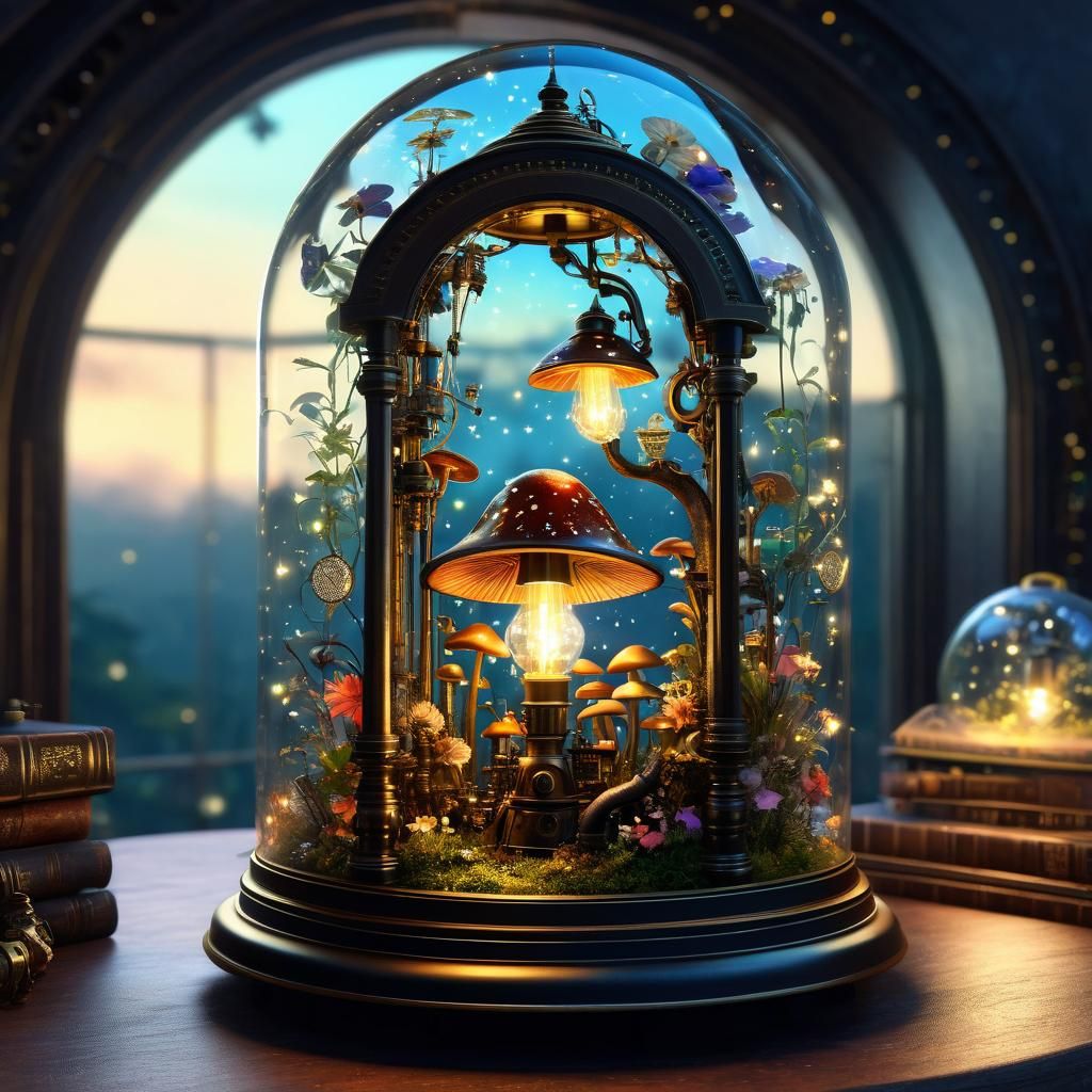Steampunk Fairy Workshop Lamp in Glass Dome