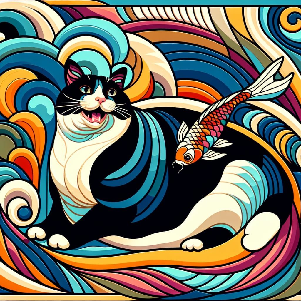 Tuxedo Cat's Aquatic Dream in Geometric Art Nouveau Style