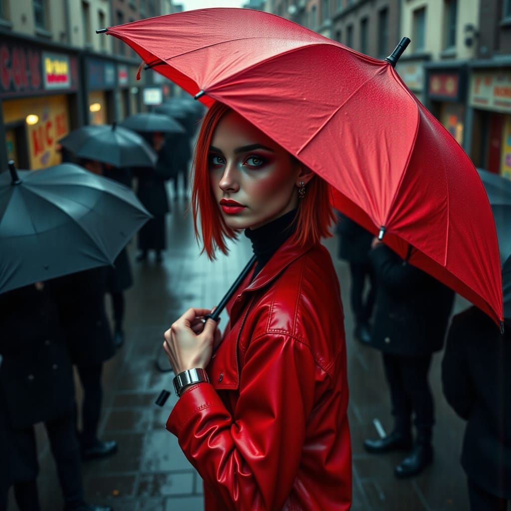 Fashion Model in Red Stands Out on Crowded Rainy Street