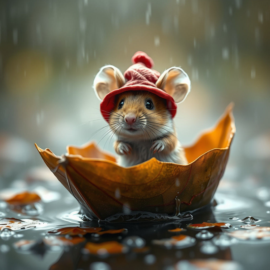 Mouse in Leaf Boat on Rainy Day