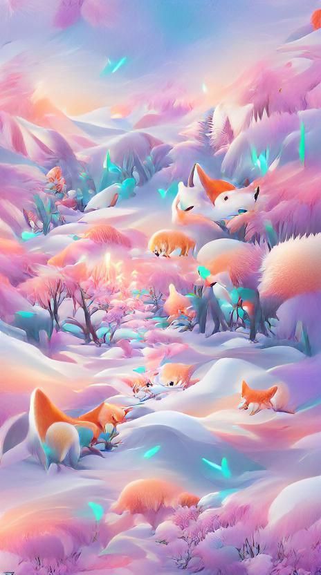 Glowing Pastel Forest with Foxes: Digital Illustration