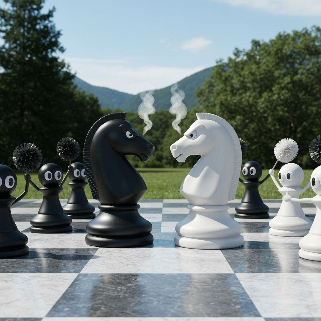Chess Knights Face Off, Cheering Pawns