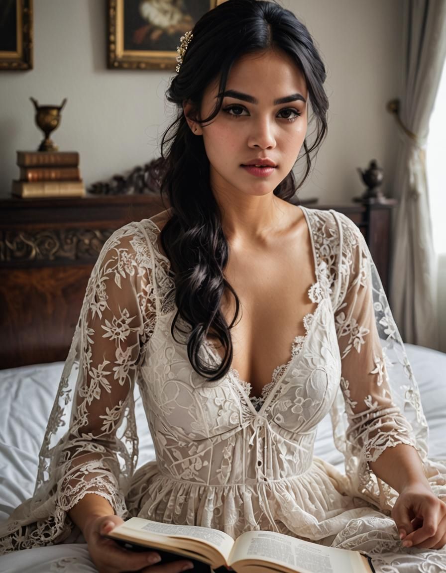 Indonesian Woman Reading in White Bedroom
