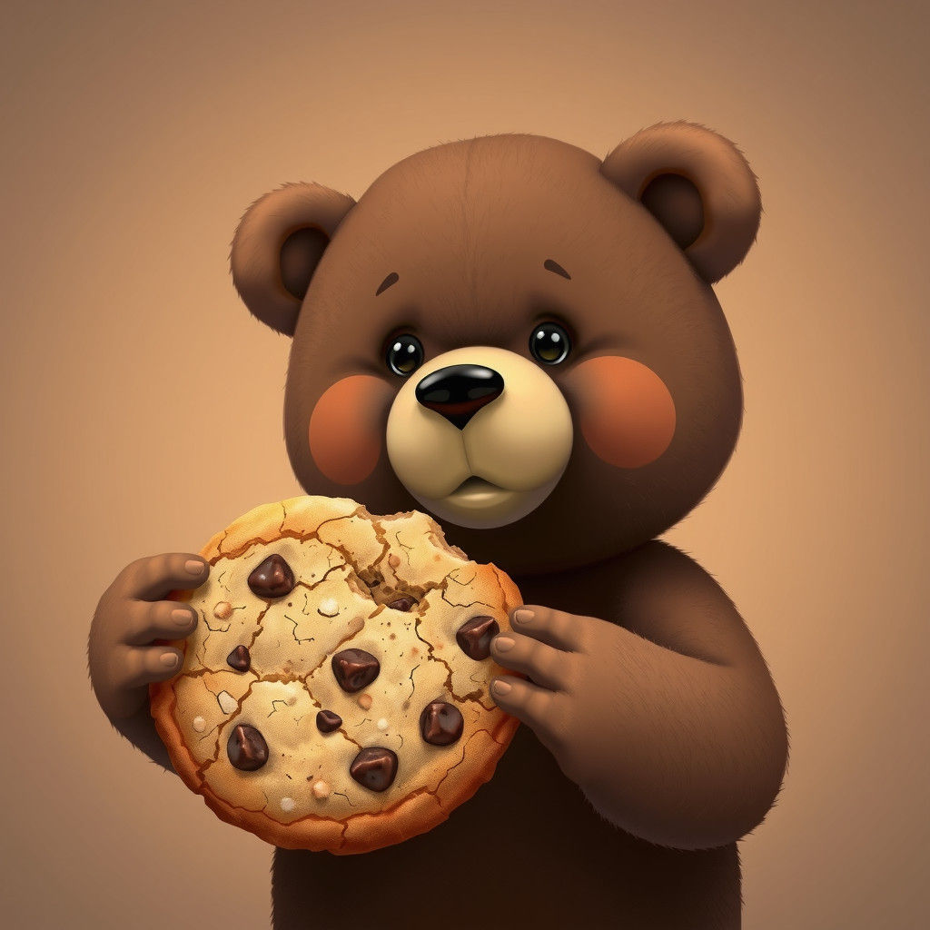 Chibi Teddy Bear Offers Cookie, Photorealistic Digital Art