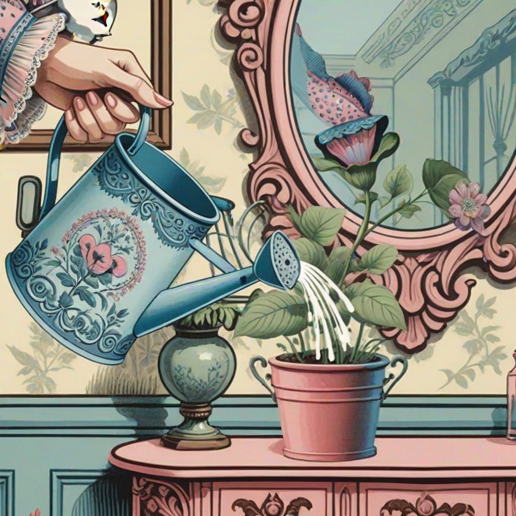 Victorian Garden Scene with Watering Can and Distressed Entr...