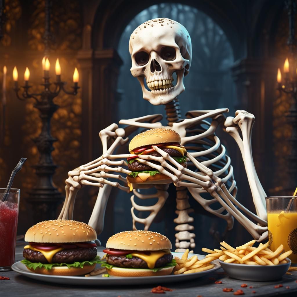 Skeleton Eats Cheeseburger: Detailed Matte Painting