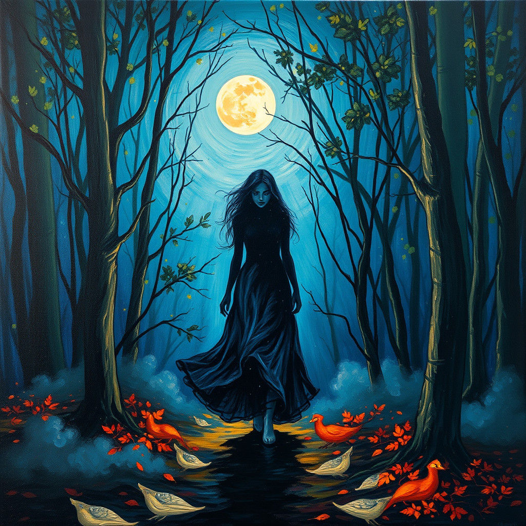 Woman Vanishing Into Moonlit Forest in Post-Impressionist St...