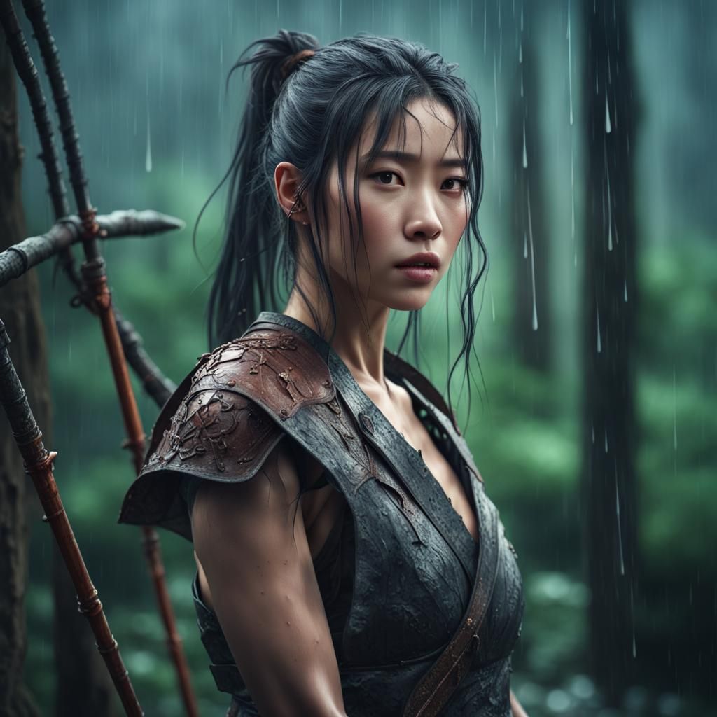 Attractive Asian Warrior Girl in Rainy Forest