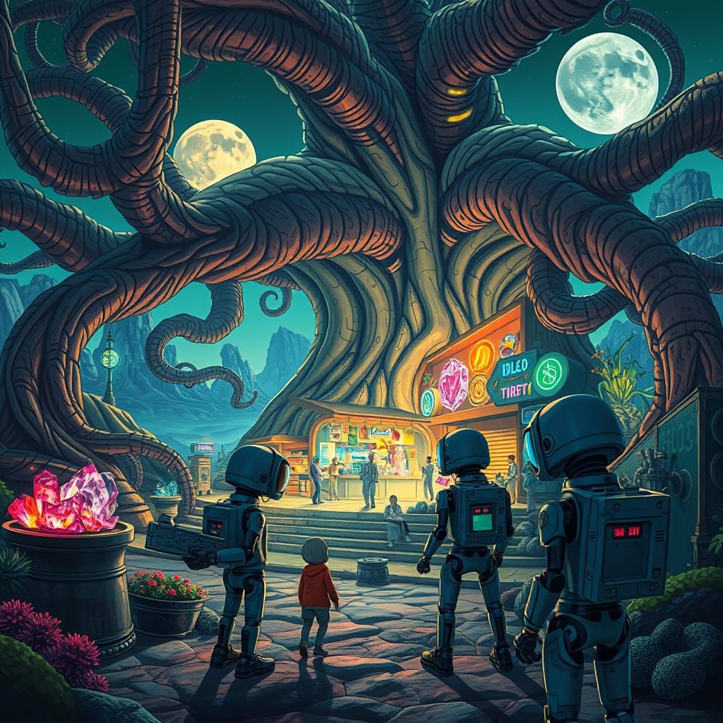 Bustling Alien Marketplace Under Twin Moons