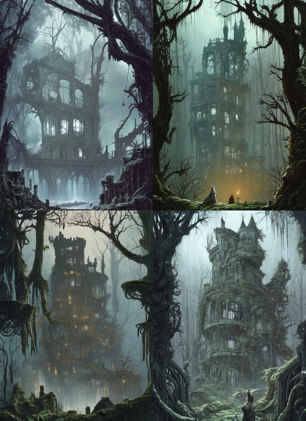 Sinister Castle Ruins in Dark Fantasy Watercolor